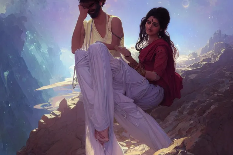 Image similar to Sensual good looking pale young Indian doctors wearing jeans in a space elevator above Earth, portrait, elegant, intricate, digital painting, artstation, concept art, smooth, sharp focus, illustration, art by artgerm and greg rutkowski and alphonse mucha