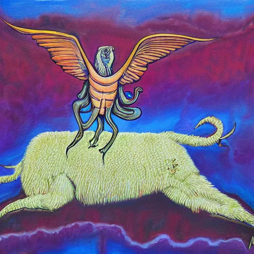 Prompt: an anthromorphic reptiloid using the force to levitate a sheep, by amanda clark in a psychedelic style, oil on canvas