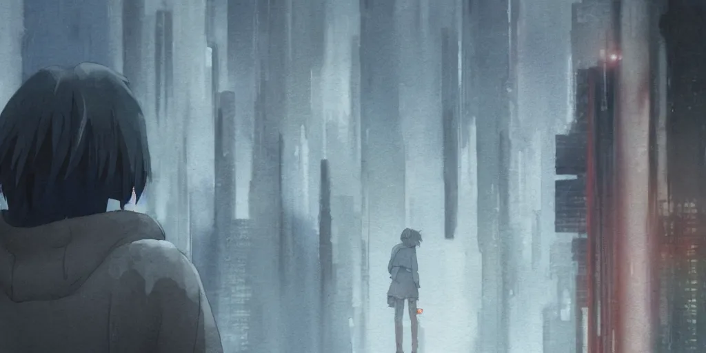 Prompt: incredible wide screenshot, ultrawide, simple watercolor, rough paper texture, ghost in the shell movie scene, backlit distant shot of girl in a parka