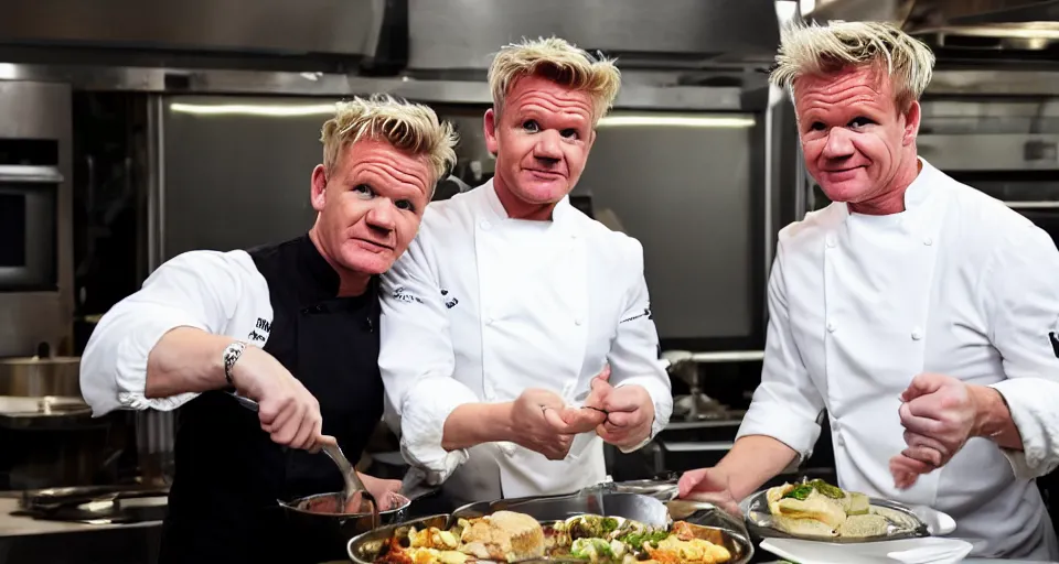 Image similar to gordon ramsay and gordon ramsay showing the camera a dish that each of them prepared