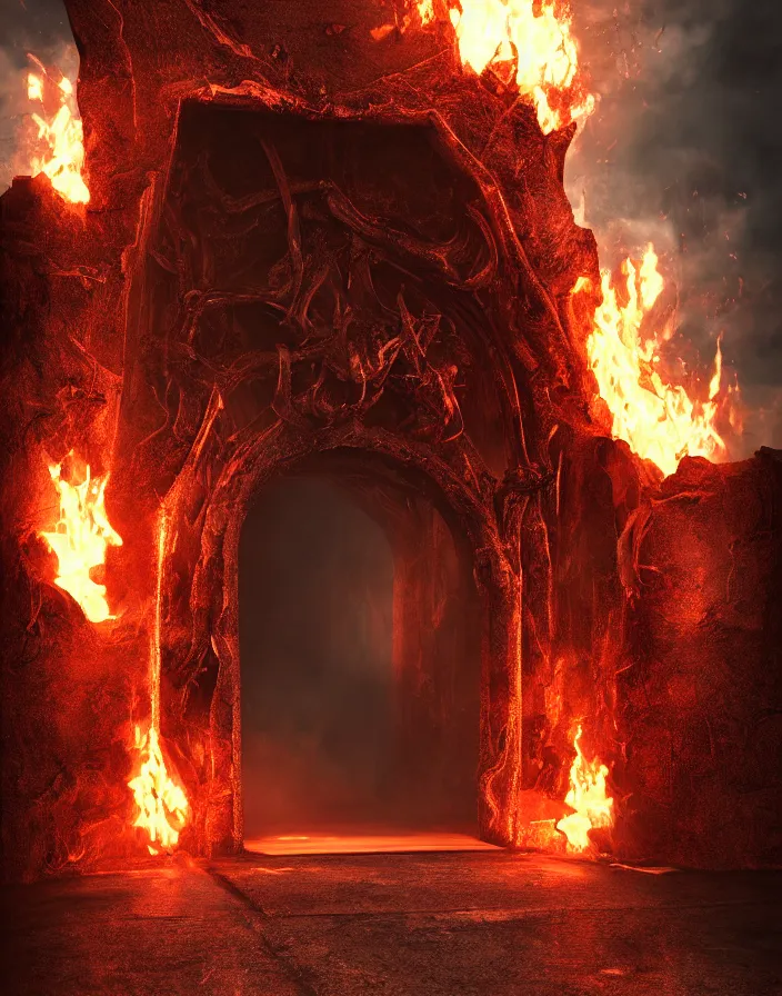 Prompt: Gates of hell by paul chadeison, concept art, ultra realistic, super detailed, photorealistic,fire, smoke, cinematographic, epic lighting, religious