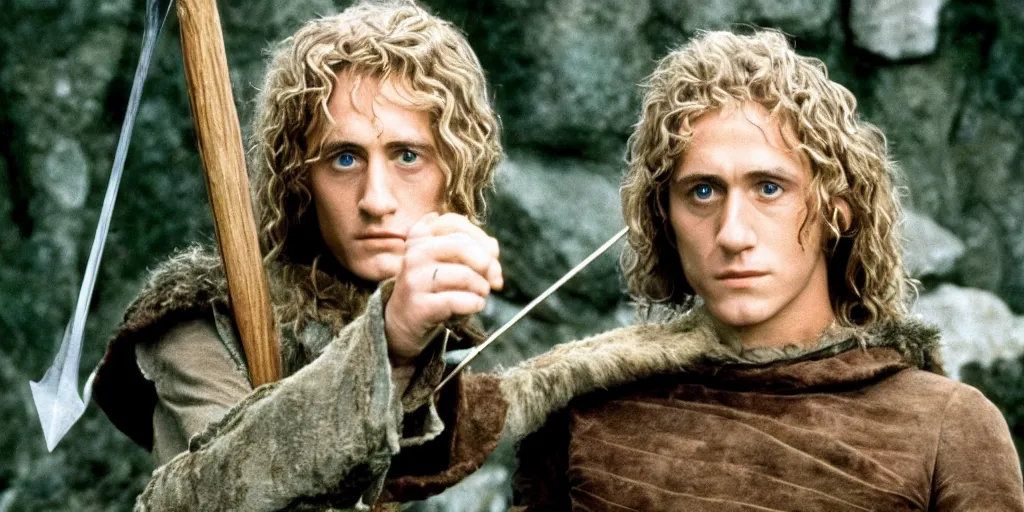 Prompt: A full color still of Roger Daltrey playing Legolas in Stanley Kubrick’s The Lord of the Rings, 35mm, 1970