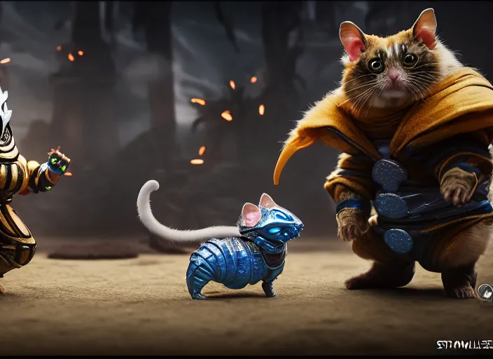 Image similar to hamster dressed as sub zero fights a cat dressed as scorpion in mortal kombat on the background of a laughing shao khan. fantasy magic style. highly detailed 8 k. intricate. lifelike. soft light. sony a 7 r iv 5 5 mm. unreal engine with nanite and path tracing