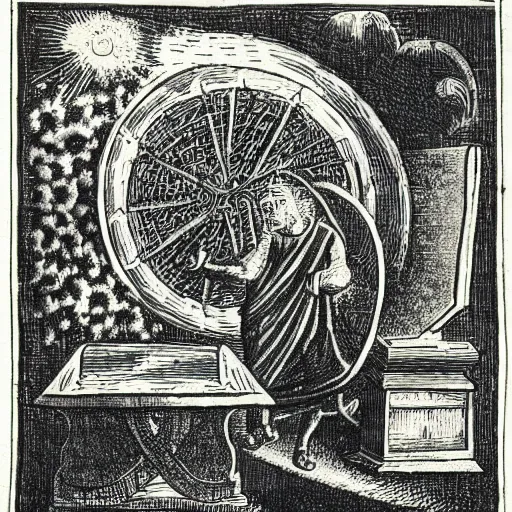 Prompt: engraving from flammarion showing a man leaving the medieval cosmo to enter the new modern universe