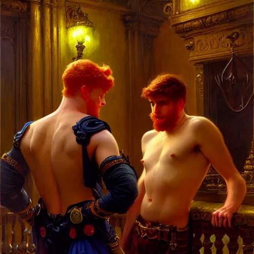 Prompt: attractive male mike with ginger hair and attractive male tyler with brunet hair, drinking their hearts out, in their noble mansion, at night. highly detailed painting by gaston bussiere, craig mullins, donato giancola, j. c. leyendecker 8 k