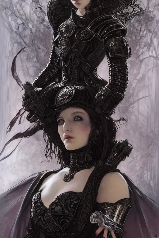 Image similar to beautiful luxury and gothic and victorian and evil young female medieval black armor knight portrait like lisa blackpink+smoky eyes+front face with light flowing hair, ultradetail face, art and illustration by tian zi and craig mullins and WLOP and alphonse mucha, ssci-fi, fantasy, intricate complexity, human structure, hypermaximalist, fantasy character concept, dynamic lighting, neon light, watermark, blurry, hyperrealism 8k