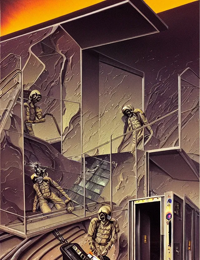 Image similar to crematorium on desert planet, elevator, side ramp entrance ambulance smoke dead bodies, guards intricate, painting by lucian freud and mark brooks, bruce pennington, dark colors, neon, death, guards, nice style culture