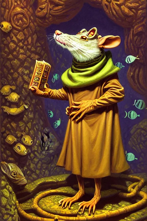 Prompt: classic oil painting, an anthropomorphic bipedal rat that is dressed as a medieval librarian, as a dnd character, standing under the sea, cottagecore, extremely detailed, digital illustration, concept art, highly readable, smooth, sharp focus, art by tim hildebrandt, and greg hildebrandt