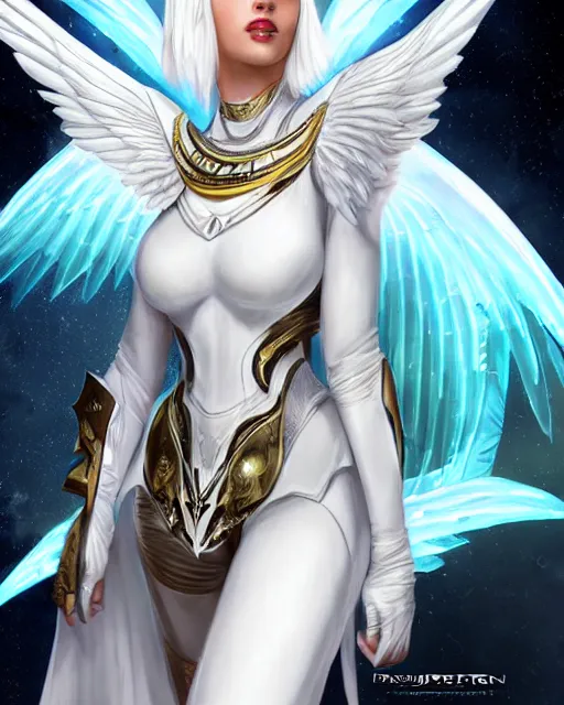 Prompt: attractive white haired egyptian queen wearing white dove wings, warframe armor, regal, attractive, ornate, sultry, sexy, angelic, elize theron, pretty face, green eyes, scifi platform, 4 k, ultra realistic, epic lighting, illuminated, cinematic, black gold, art by akihito tsukushi, voidstar, artgerm