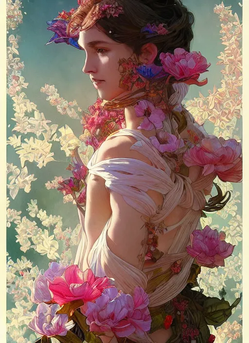 Image similar to Gardenia flowers, colorful, Grimes, psychedelic, intricate, elegant, highly detailed, digital painting, artstation, concept art, smooth, sharp focus, illustration, art by artgerm and greg rutkowski and alphonse mucha