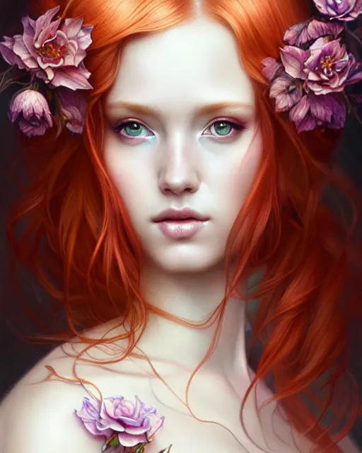 Prompt: beautiful sexy ethereal ginger portrait, art nouveau, fantasy, intricate flower designs, elegant, highly detailed, sharp focus, art by Artgerm and Greg Rutkowski and WLOP