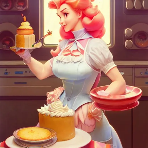 Image similar to princess peach baking a cake while that one weird computer mainframe watches her, art by artgerm and greg rutkowski and alphonse mucha