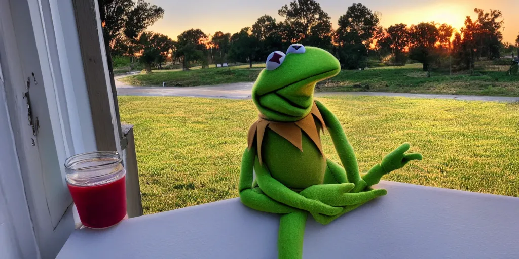 Image similar to Kermit the frog watching a nice sunset from his front porch, over the shoulder