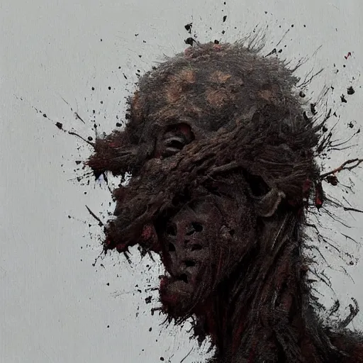 Image similar to painting by jakub rozalski of a muddy rooted humanoid creature with a big hole in the head. half body closeup