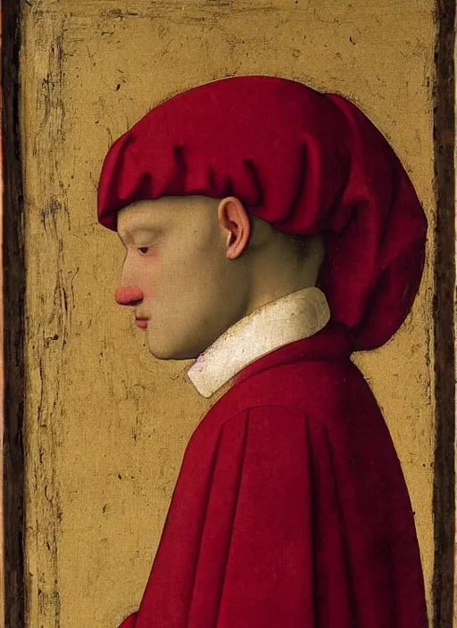 Image similar to Profile of Fallen Angel dressed in red, Medieval painting by Jan van Eyck, Johannes Vermeer, Florence