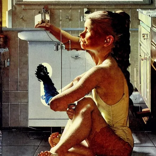 Image similar to A sci-fi woman examines the bathroom of a poor family. A painting by Norman Rockwell.