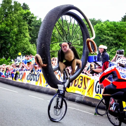 Prompt: monkey driving a bike with wheel of donuts wins tour the france