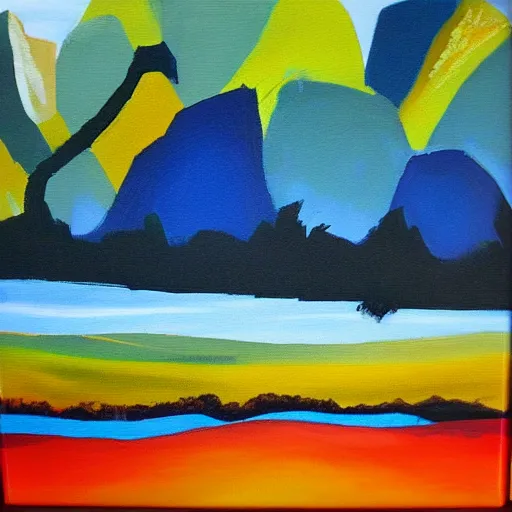 Image similar to landscape acrylic painting on canvas in the style of chris wilmshurst, bold colours