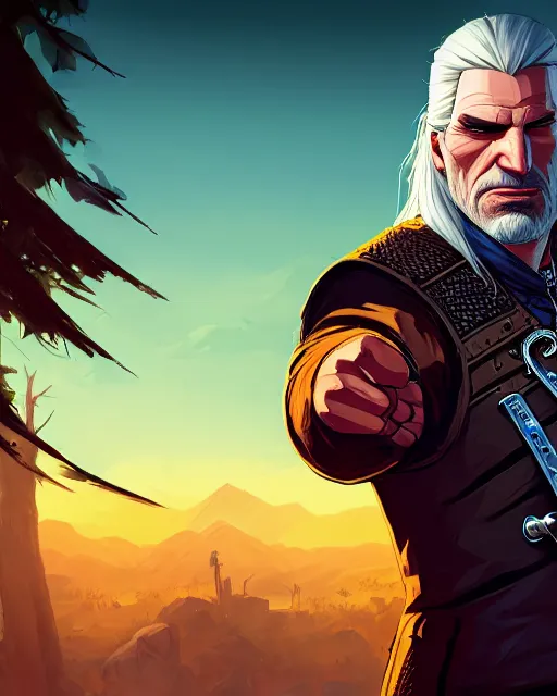 Prompt: portrait of geralt the witcher, gta san andreas cover art, borderlands style, celshading, trending on artstation, by rhads, andreas rocha, rossdraws, makoto shinkai, laurie greasley, lois van baarle, ilya kuvshinov and greg rutkowski