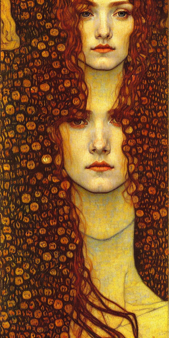 Image similar to detailed realistic beautiful young medieval queen face portrait by jean delville, gustav klimt and vincent van gogh, art nouveau, symbolist, visionary, gothic, pre - raphaelite, muted earthy colors, desaturated