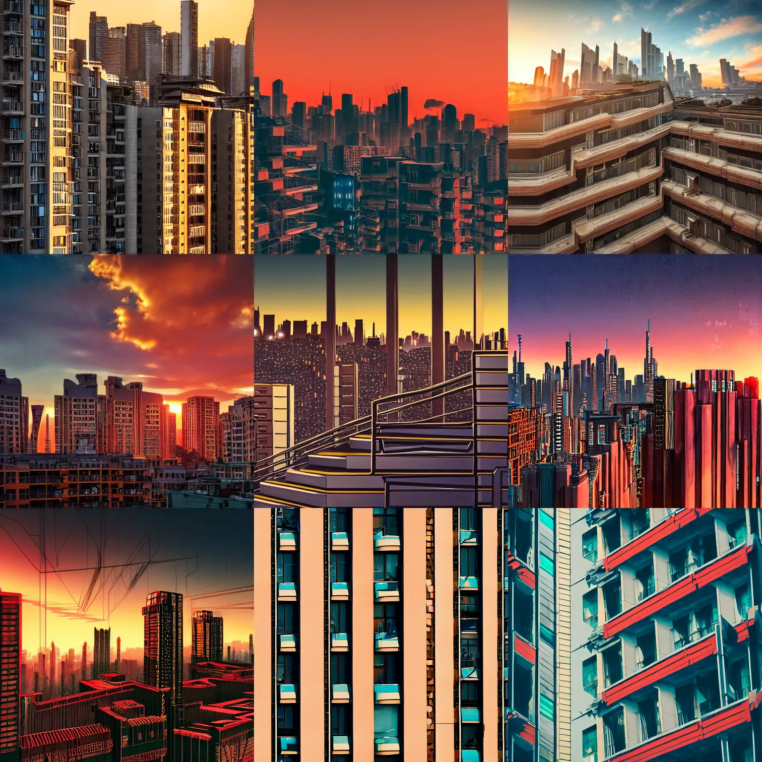 Prompt: detailed photo of a cyberpunk Art Deco skyline at sunset, terraced balconies in the foreground