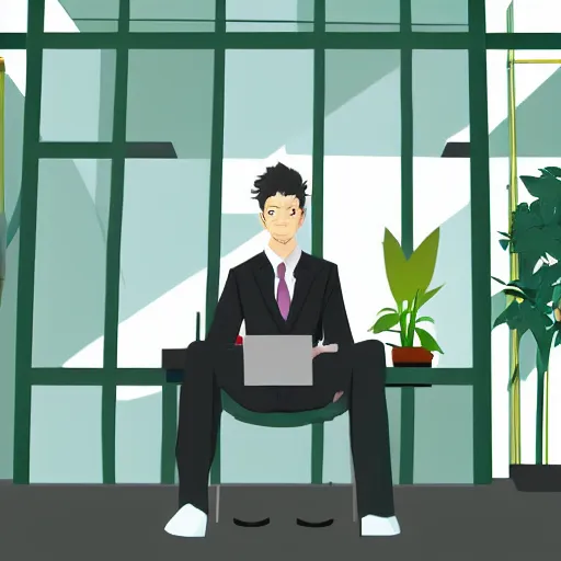 Image similar to a worker wearing a suit is sitting bored in front of his desk, it is inside a small cubicle which is completely surrounded by beautiful nature, total perspective, anime style