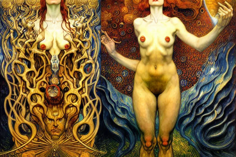 Image similar to Divine Chaos Engine by Karol Bak, Jean Delville, William Blake, Gustav Klimt, and Vincent Van Gogh, symbolist, visionary