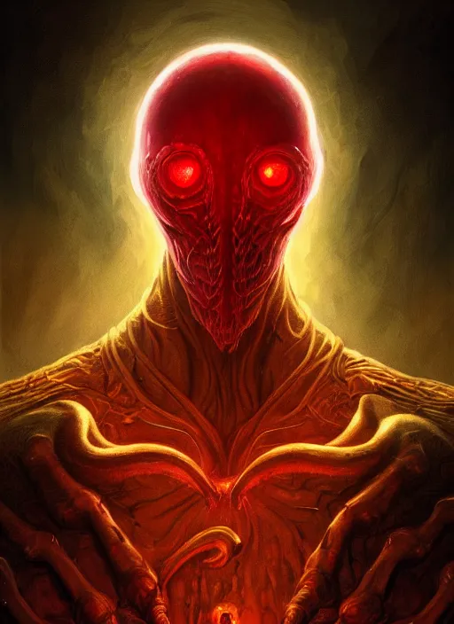 Prompt: Portrait of a Mind Flayer, red glowing eyes, fantasy, extremely detailed, digital painting, artstation, concept art, smooth, sharp focus, illustration, stunning lighting, art by artgerm and greg rutkowski and alphonse mucha and simon stalenhag, realistic character concept, high fantasy, dark atmosphere, golden ratio, cinematic lighting, hyperdetailed, high resolution, insanely detailed and intricate, artstation, Marc Simonetti, Greg Rutkowski, 8k