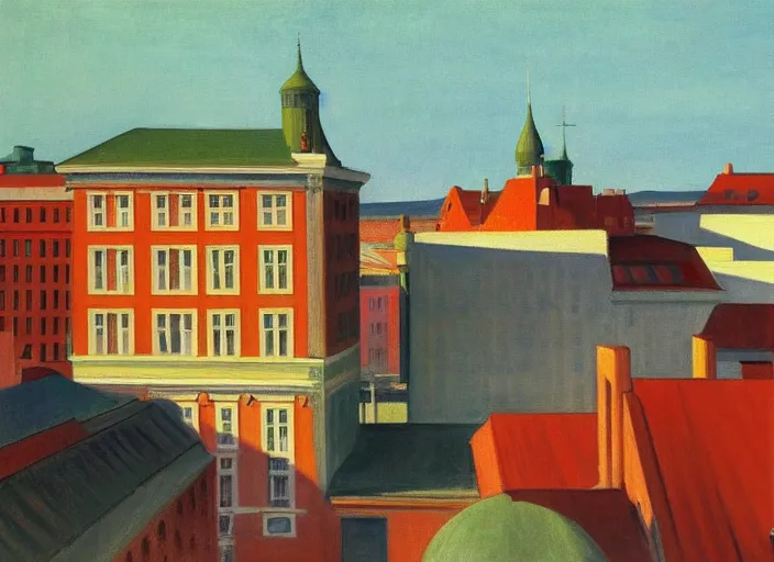 Image similar to a view of a finnish town from a hotel window in the afternoon, oil painting by edward hopper