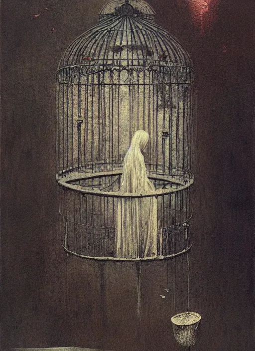 Image similar to girl inside birdcage by Beksinski