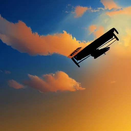 Prompt: the silhouette of a biplane flying through golden clouds at sunset, digital art, detailed, 4 k, artstation