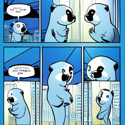 Prompt: blue baby harp seal in skyscraper office, comix by dave gibbons and john higgins