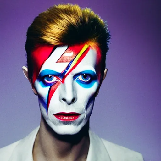 Image similar to david bowie face painted into one side white one side black singing into microphone on top of a spaceship