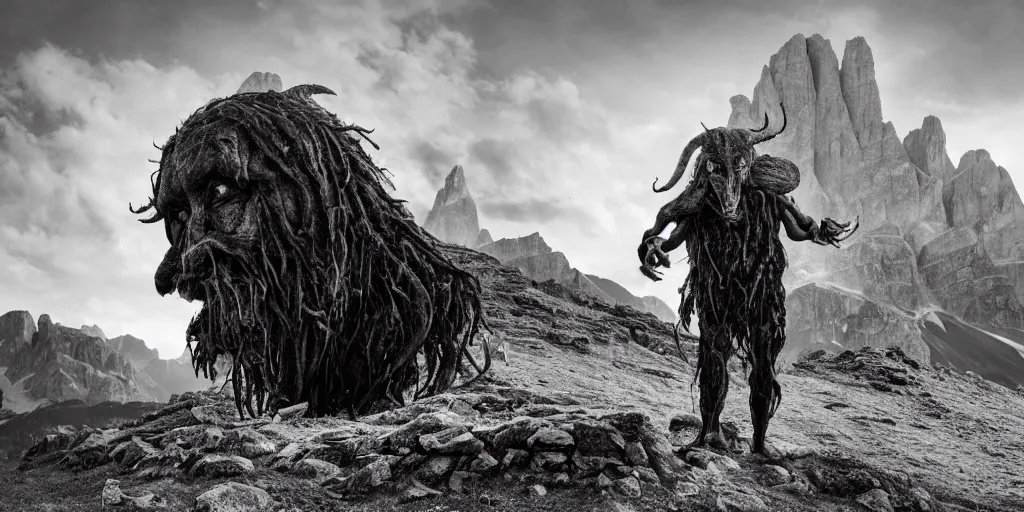 Image similar to historical sharp 4 k photograph of a tyrolean farmer turning into a grotesque monster with goathorns and roots growing from his face, dolomites in the background, dark, eerie, grainy