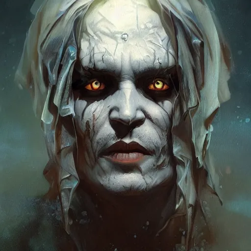 Prompt: Johny Depp as an undead Lich necromancer, Magic the Gathering art, undead facial features, art by greg rutkowski and alphonse mucha, highly detailed, digital painting, matte painting, concept art, illustration, oppressive lighting, trending on artstation, very detailed