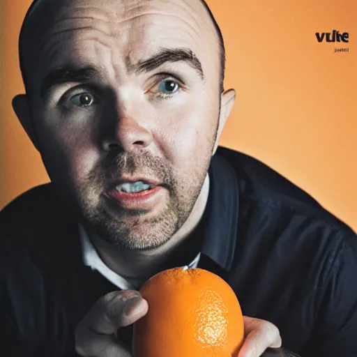 Prompt: award winning photograph of Karl Pilkington holding an orange, on the cover of a magazine, Hasselblad photograph, soft focus, f1.2, soft focus