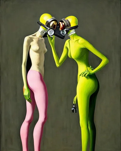 Prompt: Two very skinny old figures, wearing gas mask helmets, draped in silky gold, green and pink fabric, high fashion design, inside an abandoned bunker strewn with broken bones, loss in despair, transhumanist evolution, maximalism, part by James Jean. part by Kati Heck, Esao Andrews, Edward Hopper, dark art by Beksinski and Yamamoto hypersurrealism