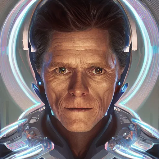 Image similar to symmetry portrait of willem dafoe sci - fi, tech wear, glowing lights!! intricate, elegant, highly detailed, digital painting, artstation, concept art, smooth, sharp focus, illustration, art by artgerm and greg rutkowski and alphonse mucha