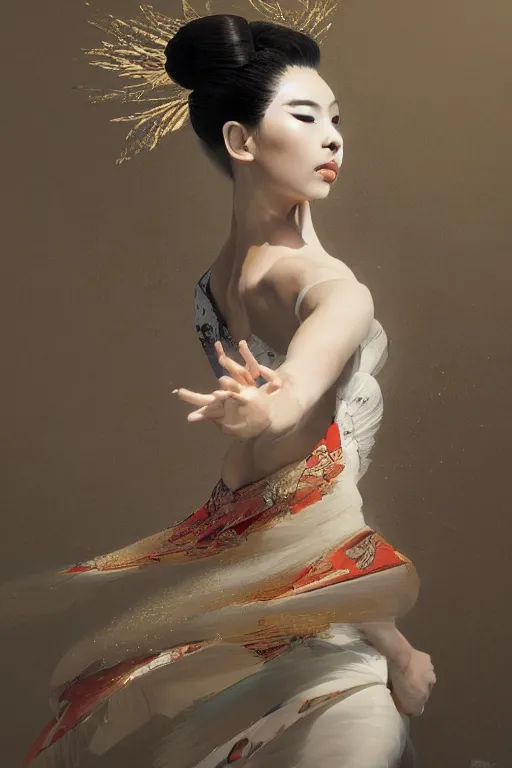 Image similar to magnificent full body geisha prima ballerina dancing in the wind, intricate, elegant, volumetric lighting, digital painting, highly detailed, artstation, sharp focus, illustration, concept art, ruan jia, steve mccurry