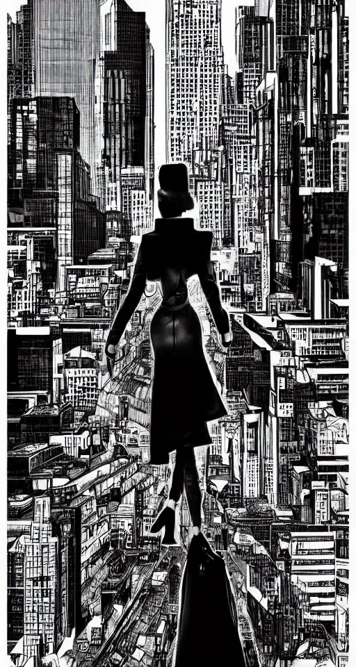 Image similar to cypherpunk fashion illustration, camera face, black and white and red, manga, city street background with high tall buildings, central park, abstract landscape, diane arbus, highly detailed, finely detailed, shadows realism