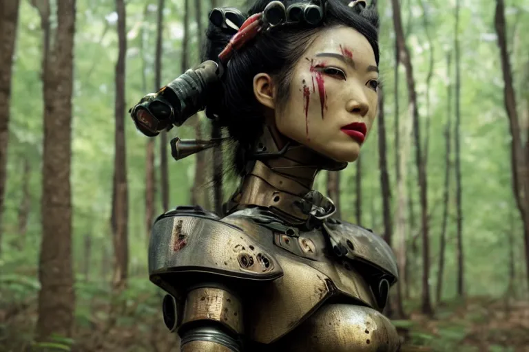 Image similar to vfx movie scene closeup nomad cyborg warrior geisha in a smoldering forest. by emmanuel lubezki