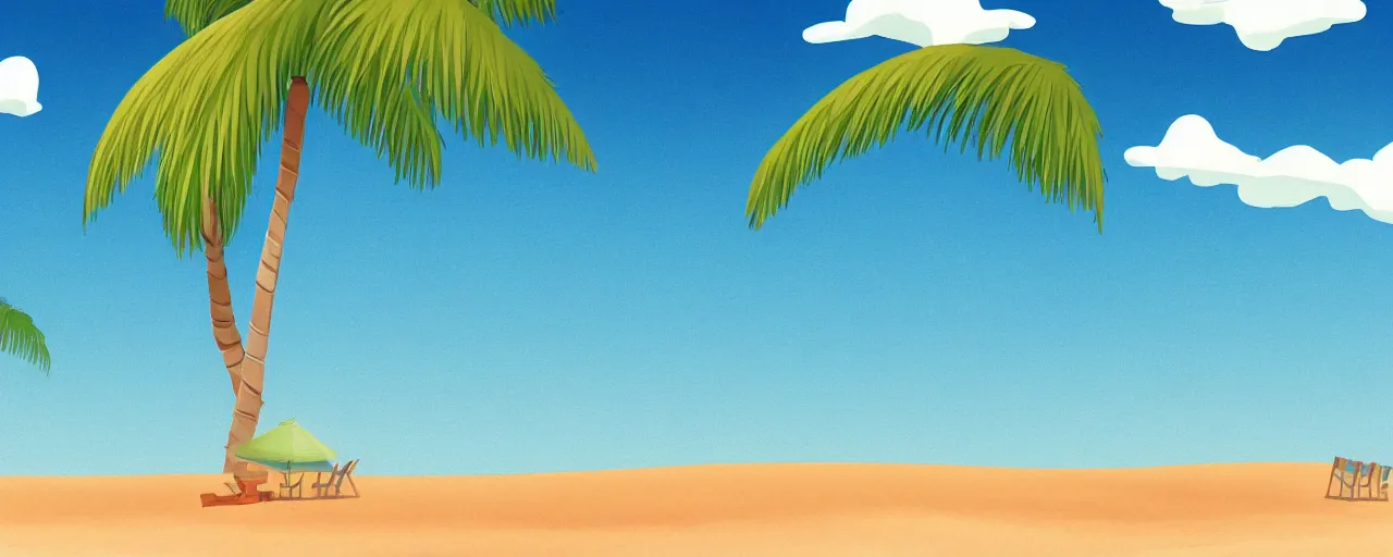 Image similar to illustration of a beach horizon with clouds and one palm tree in the style of goro fujita