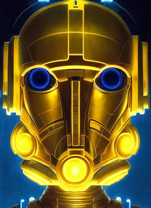 Image similar to symmetry portrait of c 3 p 0, sci - fi, tech wear, blue and yellow glowing lights, intricate, elegant, highly detailed, digital painting, artstation, concept art, smooth, sharp focus, illustration, art by artgerm and greg rutkowski and alphonse mucha