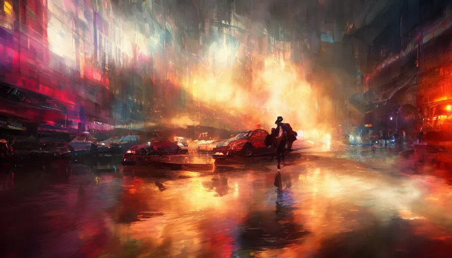 Image similar to color explosion, light, shadows, rippling reflections, steam, epic composition, intricate, elegant, volumetric lighting, digital painting, highly detailed, artstation, sharp focus, illustration, concept art, ruan jia, steve mccurry