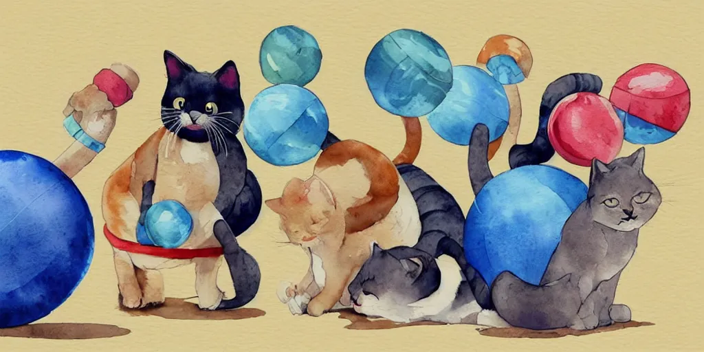 Image similar to watercolor illustration style, cute! cats!! training in the fitness studio with sports equipment!