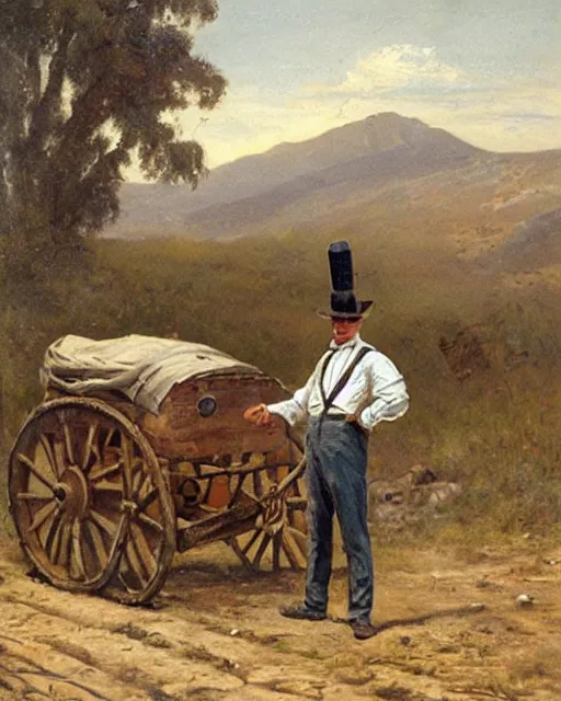 Image similar to Alex Jones is selling snake oil. he is wearing a cylinder hat and holds a stick and a bottle in his hands. there is a wagon in the background loaded with snake oil. painting by Alfred Waud