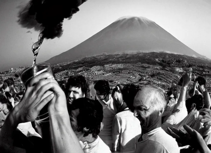 Image similar to old photo of greeks wich drink wine and have fun against the backdrop of mount vesuvius starting to erupt, photo by sebastian salgado, fisheye 4, 5 mm, diffused backlight