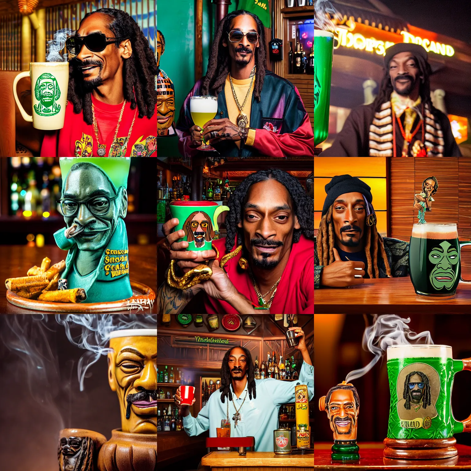 Image similar to a closeup photorealistic photograph of smoking snoop dogg at trader vic's bar holding up a trader vic's tiki mug featuring snoop dogg's face. tiki culture. brightly lit scene. this 4 k hd image is trending on artstation, featured on behance, well - rendered, extra crisp, features intricate detail, epic composition and the style of unreal engine.