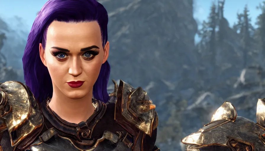 Prompt: character screenshot of katy perry, skyrim, enb, 4 k, bokeh, beautiful, detailed