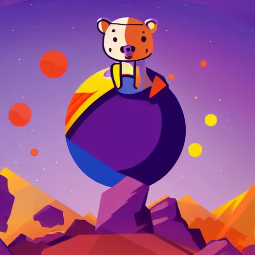 Image similar to cartoon illustration of a bear mascot being launched from a futuristic marble planet, purple and orange cloudland